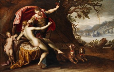 Venus en Adonis met honden door Hans von Aachen